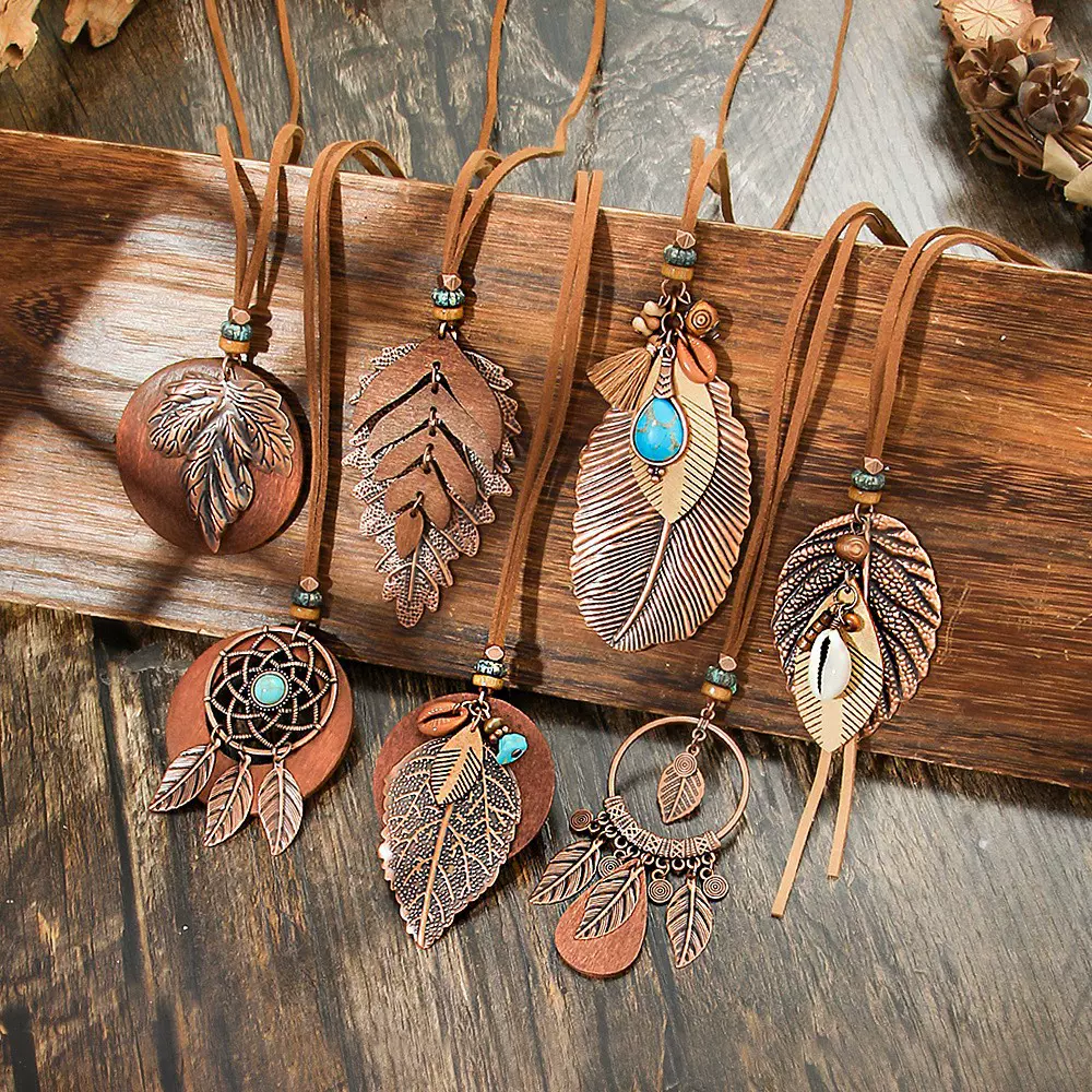 原创设计感百搭民族风项链 时尚复古美拉德色系树叶造型项坠批发