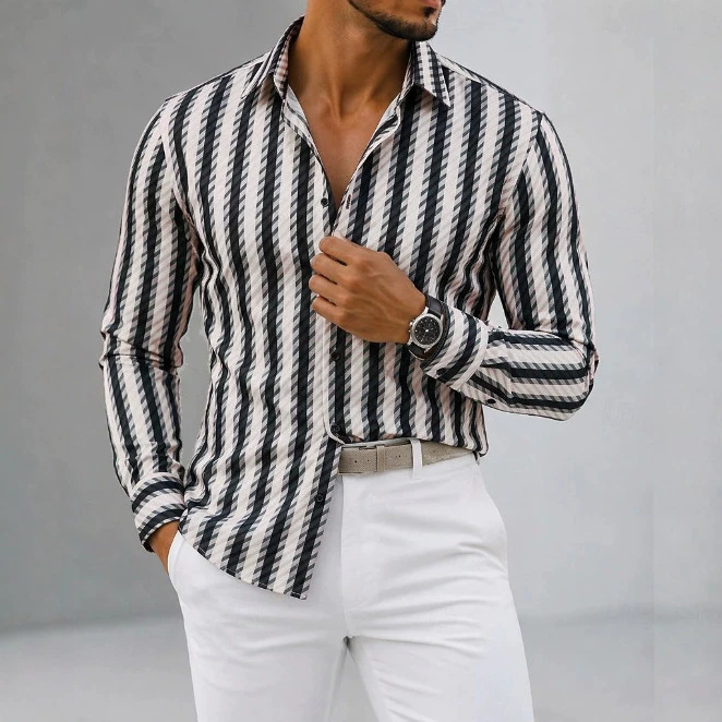 Men's stretch slim-fit long-sleeve shirt, European and American style, gradient vertical stripes, lapel collar, wrinkle-resistant, vacation style, cross-border casual shirt Men's stretch slim-fit long-sleeve shirt, European and American style, gradient vertical stripes, lapel collar, wrinkle-resistant, vacation style, cross-border casual shirt