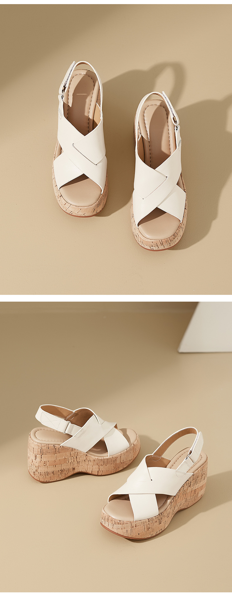 Sandal cao gót nữ quai chéo hở mũi đế xuồng 10cm da bò thật phong cách La Mã — màu đen, màu trắng ngà chi tiết 12