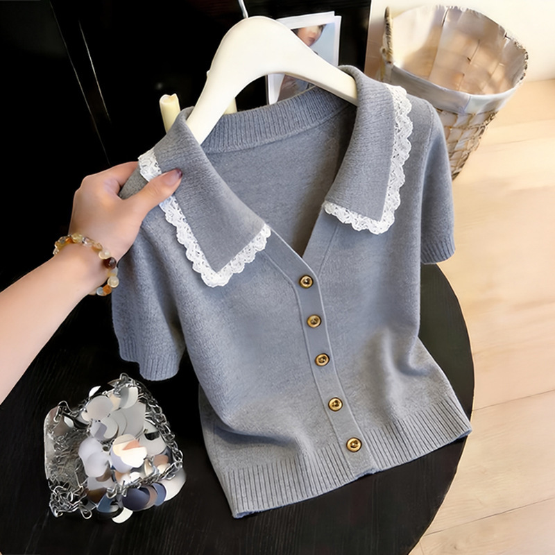 Korean-Style Lace Polo Collar Knitted Short-Sleeve T-Shirt for Women, Versatile Summer New Style, Trendy Casual Chic Short Top