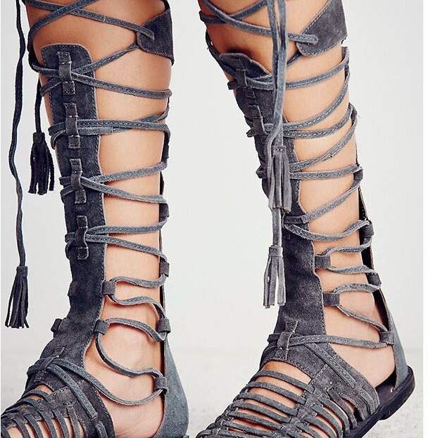 2024 European Station Solid Color Suede Multi-Strap Knee Cross Strap Flat Casual Sandals Women Flats