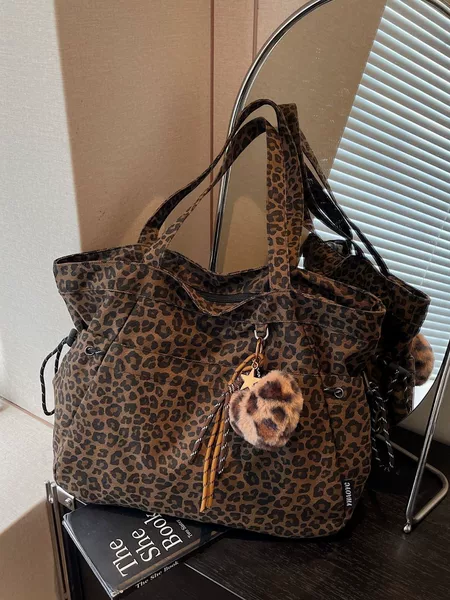 Korean-Style Ins Retro Leopard Print Canvas Bag, Fashionable Niche Shopping Shoulder Underarm Bag, Large Capacity Commuter Tote Bag