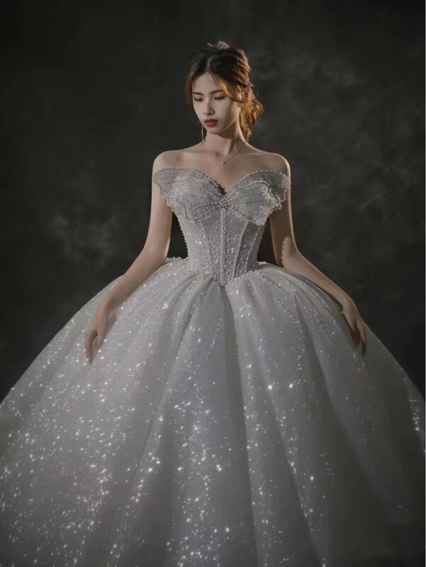 Starry Sky Main Wedding Dress 2025 New Bridal Temperament Retro Casual Covering Thick Arm Slimming Texture Large Trailing Wedding Dress