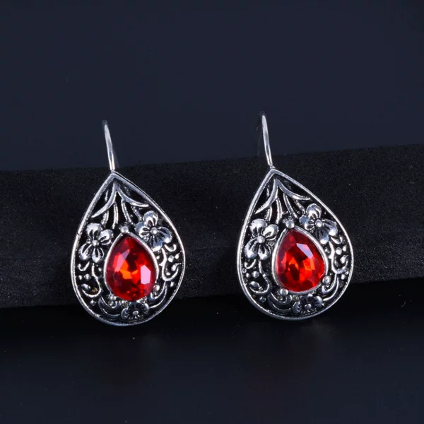 Wish Amazon Hot Selling New Water Drop Pear-Shaped Retro Earrings European and American Thai Silver Carved Ruby Earrings Wholesale