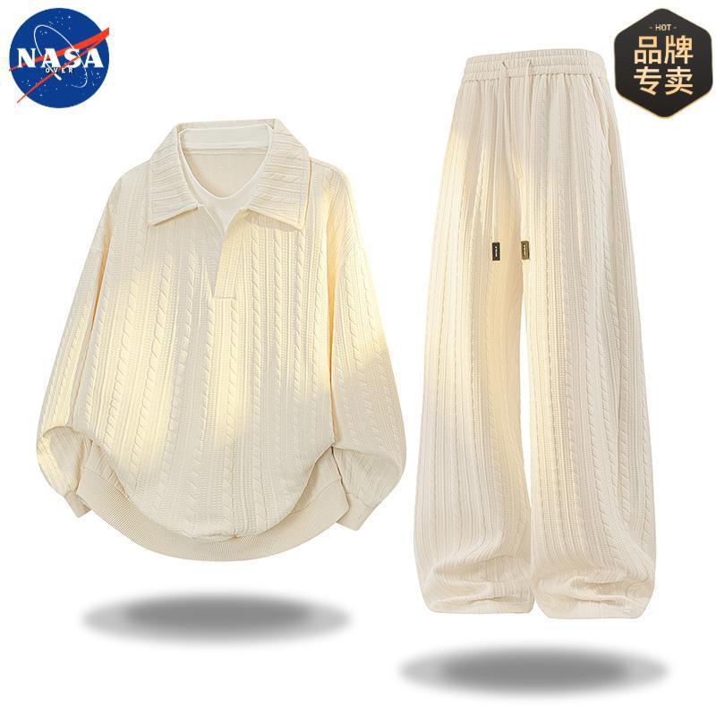 NASA品牌男士大码提花卫衣肌理感套装春秋季宽松高级感卫衣两件套|undefined