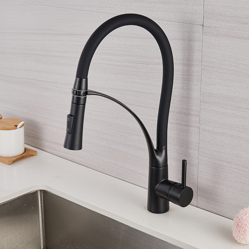 Black paint brass kitchen faucet pull silicone tube kitchen sink spring faucet with sprinkler