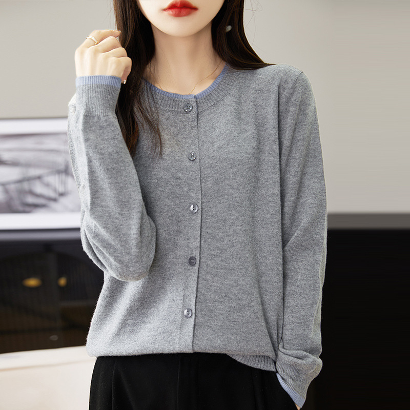 2024 New Pure Wool Knitted Cardigan Women's Double Round Neck Elegant Casual Simple Fashion Long Sleeve Buckle Coat