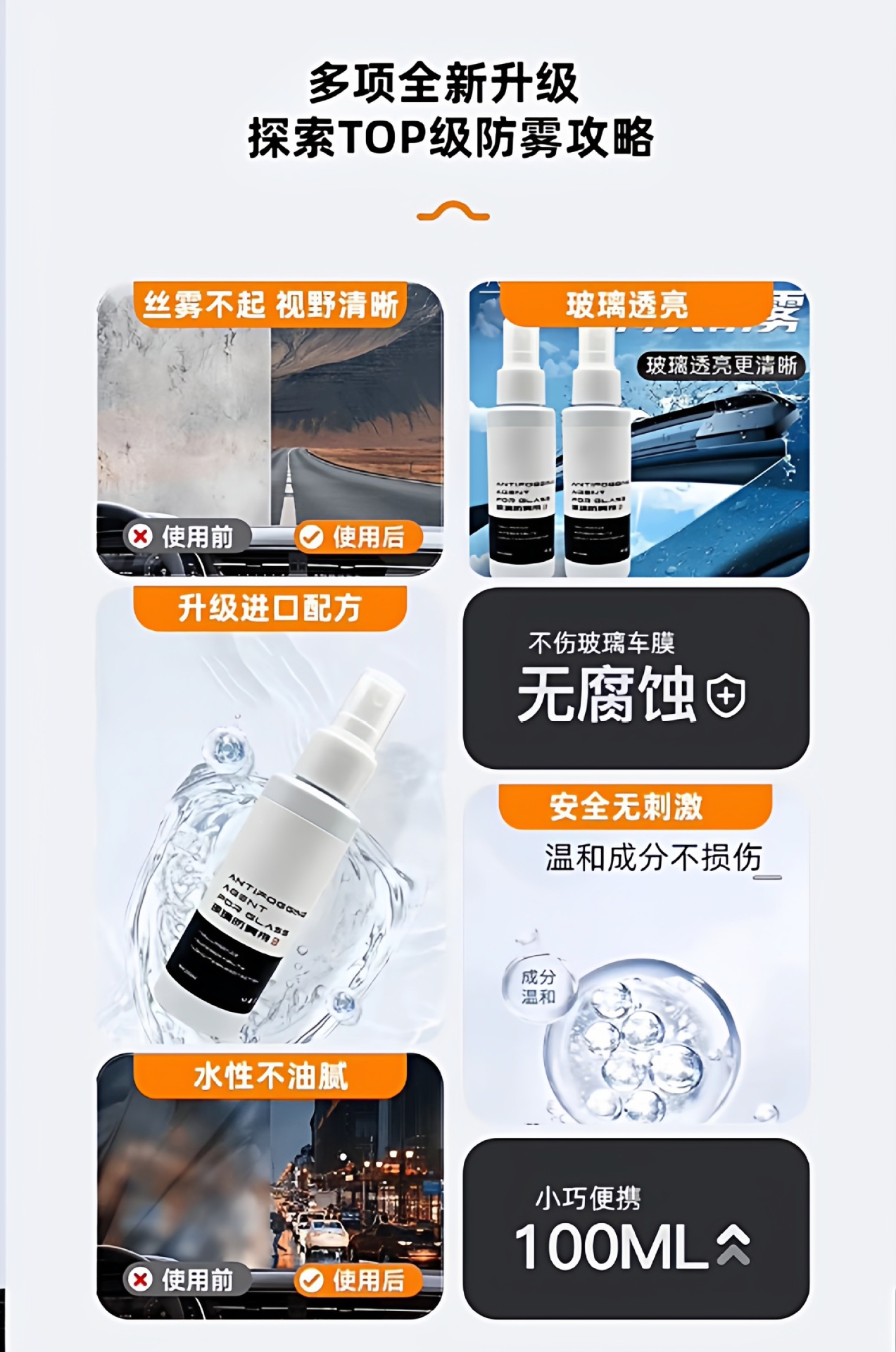 Suitable for car glass anti-fog agent, vision side front windshield defogger, helmet anti-fog device, long-lasting