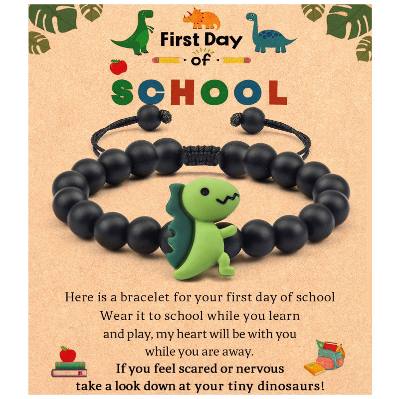 Back-To-School Gift Bracelet: Green Acrylic Small Dinosaur Black Matte Bracelet, Woven Black Matte Dinosaur Bracelet