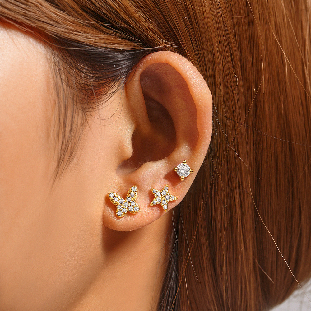 3g Weight Ear Studs Classification 1 Set Quantity Daily Occasion 925 Sterling Silver Material Star, Butterfly Pattern Women's Gender Plating Design Simple Style Style 1 Set 925 Sterling Silver Star Butterfly Ear Studs 98