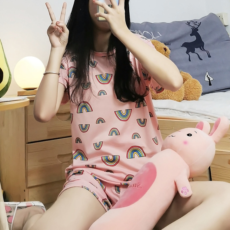 "Mini Rainbow" Pajamas Women's Summer Short-sleeved Shorts Internet Popular INS Wind Home Clothes Carmful Wind Women's suit