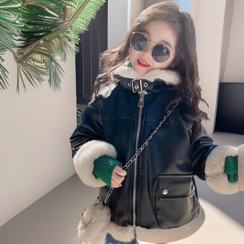 Girls' Leather Jacket Autumn and Winter 2025 New Girls' Velvet Thickened Leather Jacket Children's Clothing