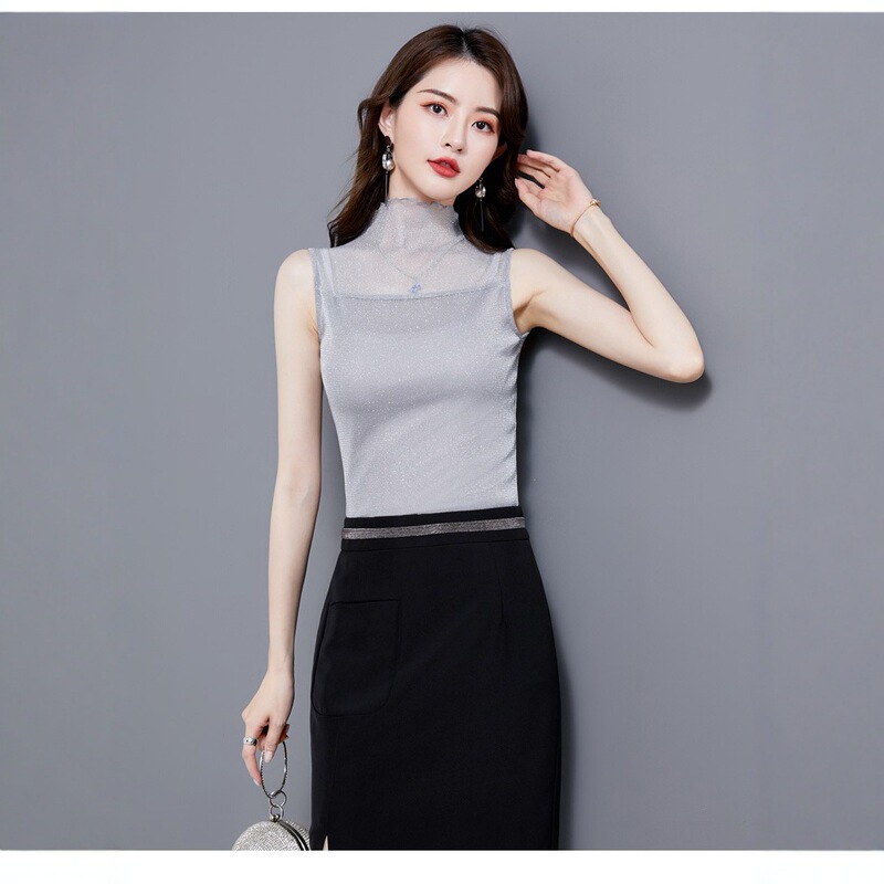 New Sleeveless Half-High Collar Slimming Look Bright Silk Mesh Vest Feminine Bottoming Shirt Women's Inner Top T-Shirt