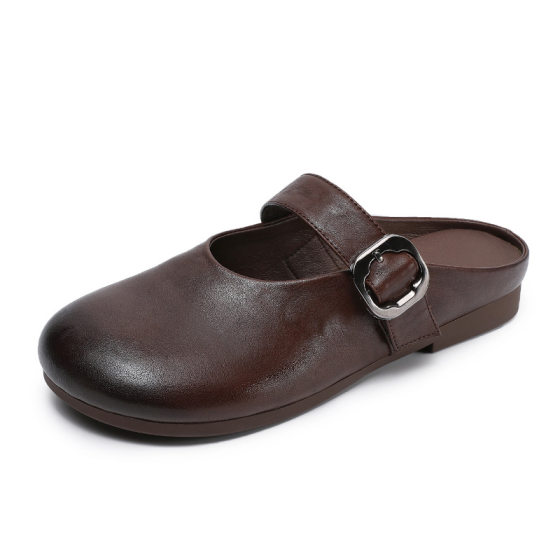 Genuine Leather Round Head Half Baotou Half Slippers with Mary Jane Women's Spring and Summer Outfit Lazy Birkenmuller Sandals