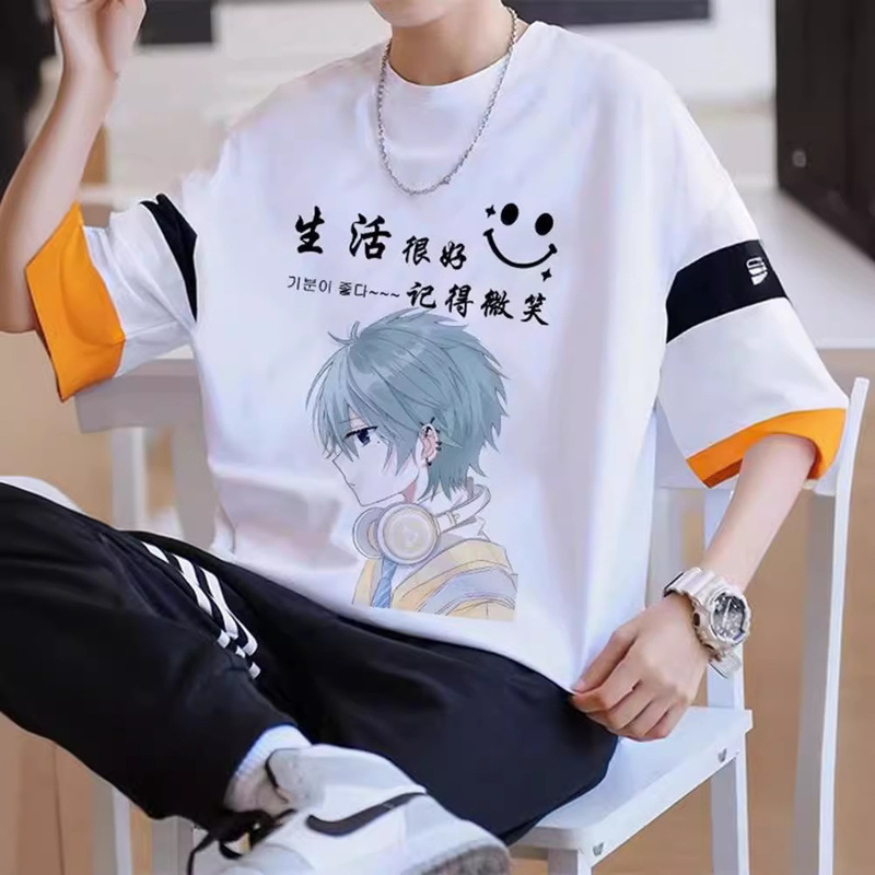 Men's Short-sleeved T-shirt National Trend Summer Tops 2024 Trendyy Men's Loose Half-sleeved Round Neck Printed T-shirt