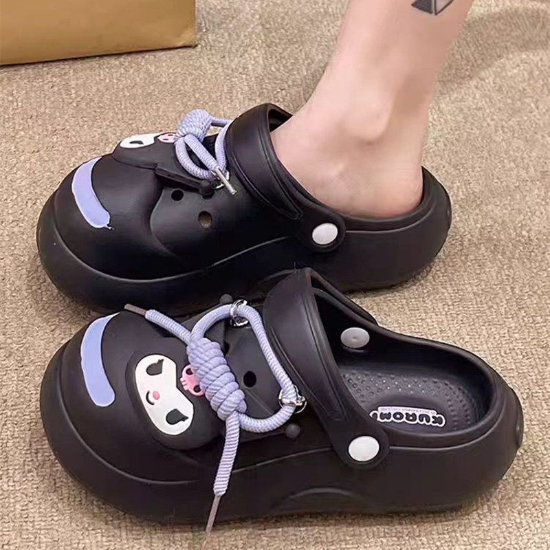 Authentic Sanrio Cute Kuromi Croc Shoes Girls Outerwear Versatile Non-Slip Thick Sole Summer Beach Shoes Women's
