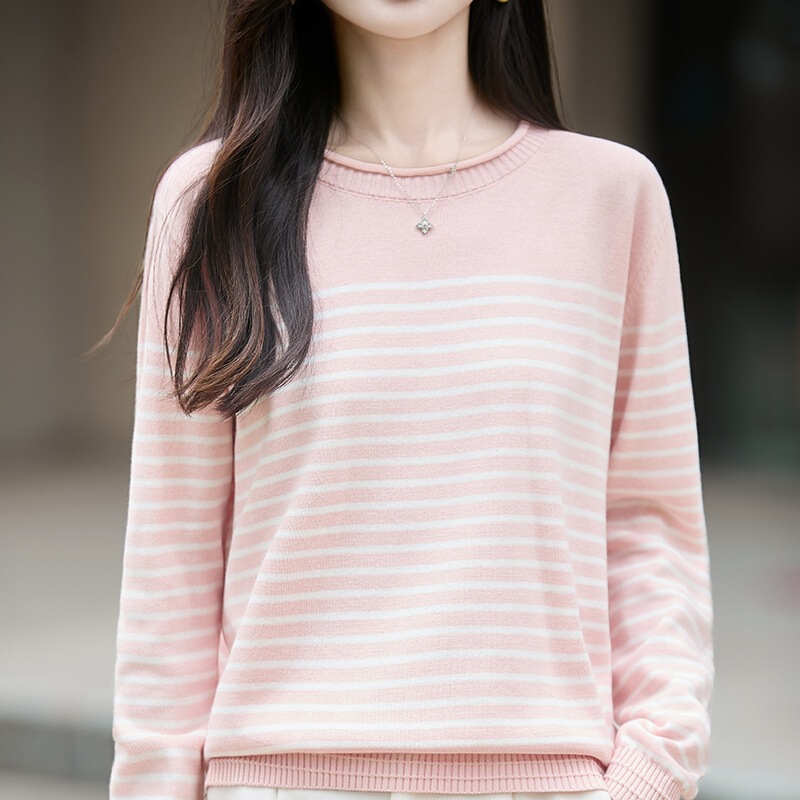 2026 Autumn/Winter New Pure Cotton Ribbed Round Neck Knit Long Sleeve Women's Color Block Striped Loose Fit Base Shirt