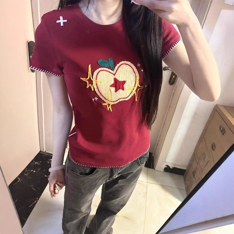 [Pure Cotton Towel Embroider + Back Collar] 2025 Versatile Top Ins Apple Design Niche High-End Sense
