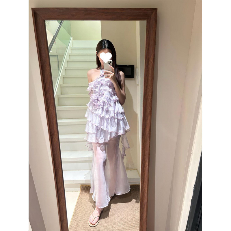 甘い立体ローズフリルホルターネックドレス夏の新しいスリムフィットガーゼスカートスーツ女性用|undefined