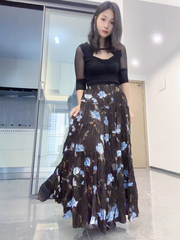 复古山茶花半身裙女2025秋季新款褶皱百褶裙中长款A字裙休闲长裙|undefined