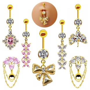 Gaby European and American Cross-border Heart-shaped Belly Button Ring Inverted Seat Belly Button Ring Bowknot Umbilical Ring Luxury Chain Pendant Umbilical Nail