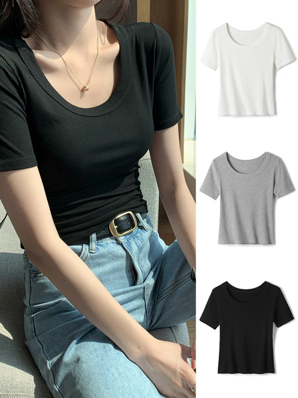 H5 21半袖tシャツの女性は春夏シンプルな純色の外着を着ています。|undefined