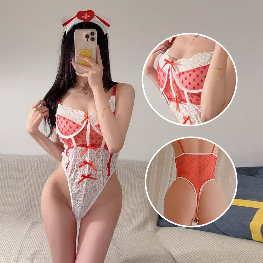 Chaomu Nurse Sexy Lingerie Sexy Uniform Temptation Pure Desire Nurse Open Lace No-Take-Off Jumpsuit Suit for Women