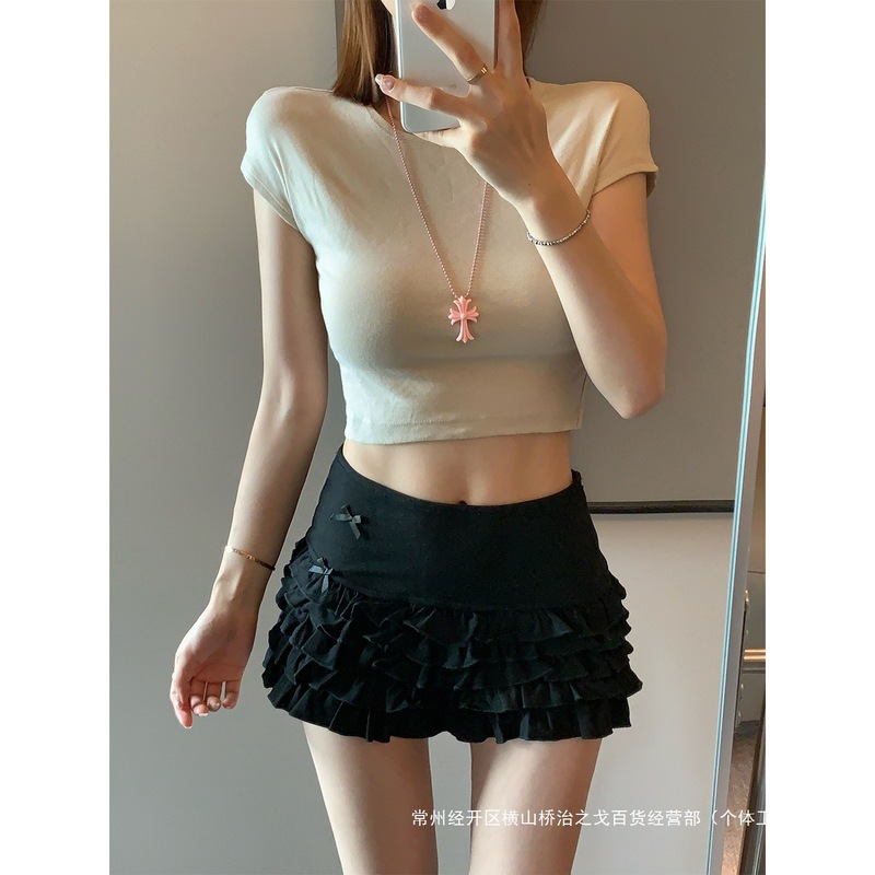 跨境出门新宠~蝴蝶结黑色半身裙女高腰甜辣a字小个子边蓬蓬蛋|undefined