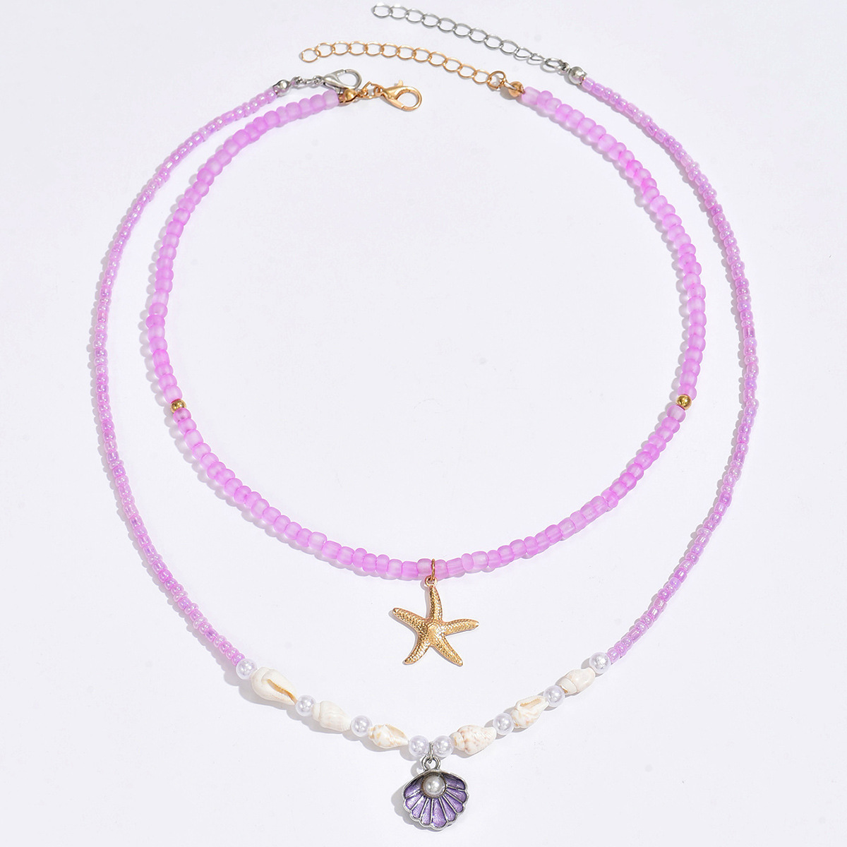 Layered Choker Necklace With Shell & Purple Beads In Alloy Style_voghion.com