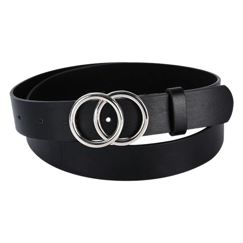 Ремень черный Универсальный женский простой ремень для брюк с двойной круглой пряжкой, глянцевое платье в Корейском стиле, декоративный модный ремень с гладкой пряжкой