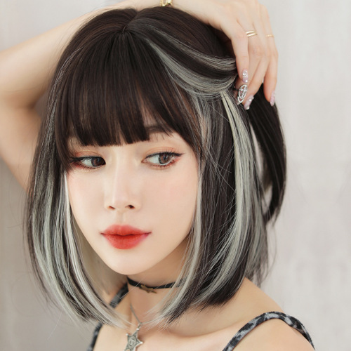 Wig for women with short hair, Internet celebrity, ear-hanging dyed full headband, clavicle hair, round face, full bangs, bob head, buckled full headband