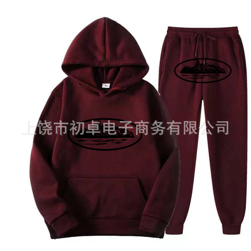 Europeo y americano clint419 diablo prisión patrón hombres y mujeres mismo suéter traje impreso con capucha conjunto de dos piezas al por mayor