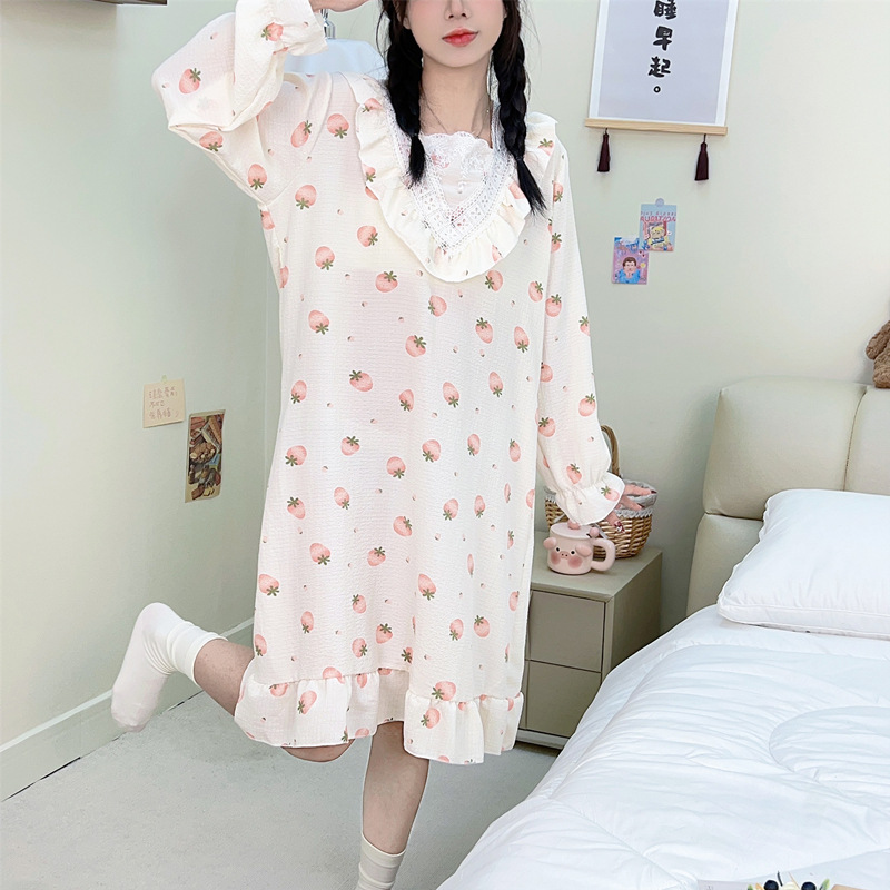 Pijama de primavera y otoño espuma tejida tela arrugada pijama de manga larga princesa vestido de estilo suelto vestido de ropa de hogar