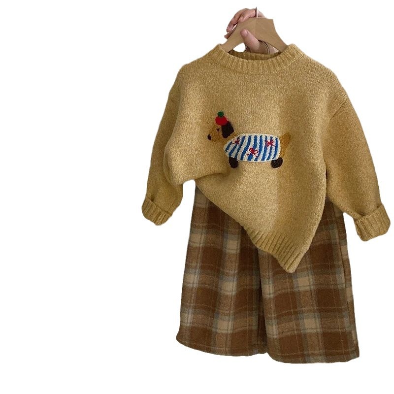 소녀 2024 가을 겨울 새로운  소녀 폭발 니트 스웨터 카디건 어린이 기모 프레슬리 바지 2 피스 세트 트렌디