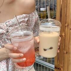 Creative glass straw cup with lid, transparent large capacity water cup for girls, Instagram-style juice cup, Korean version with straw holder