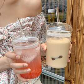 玻璃吸管杯创意带盖透明大容量水杯少女ins果汁杯韩版带吸管杯子