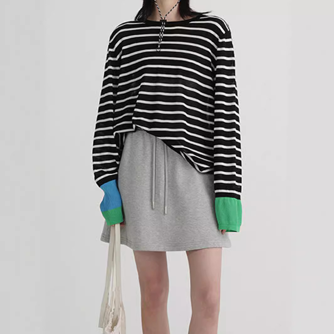 冰麻撞色条纹长袖T恤女宽松春夏季新款圆领防晒服上衣内搭打底衫