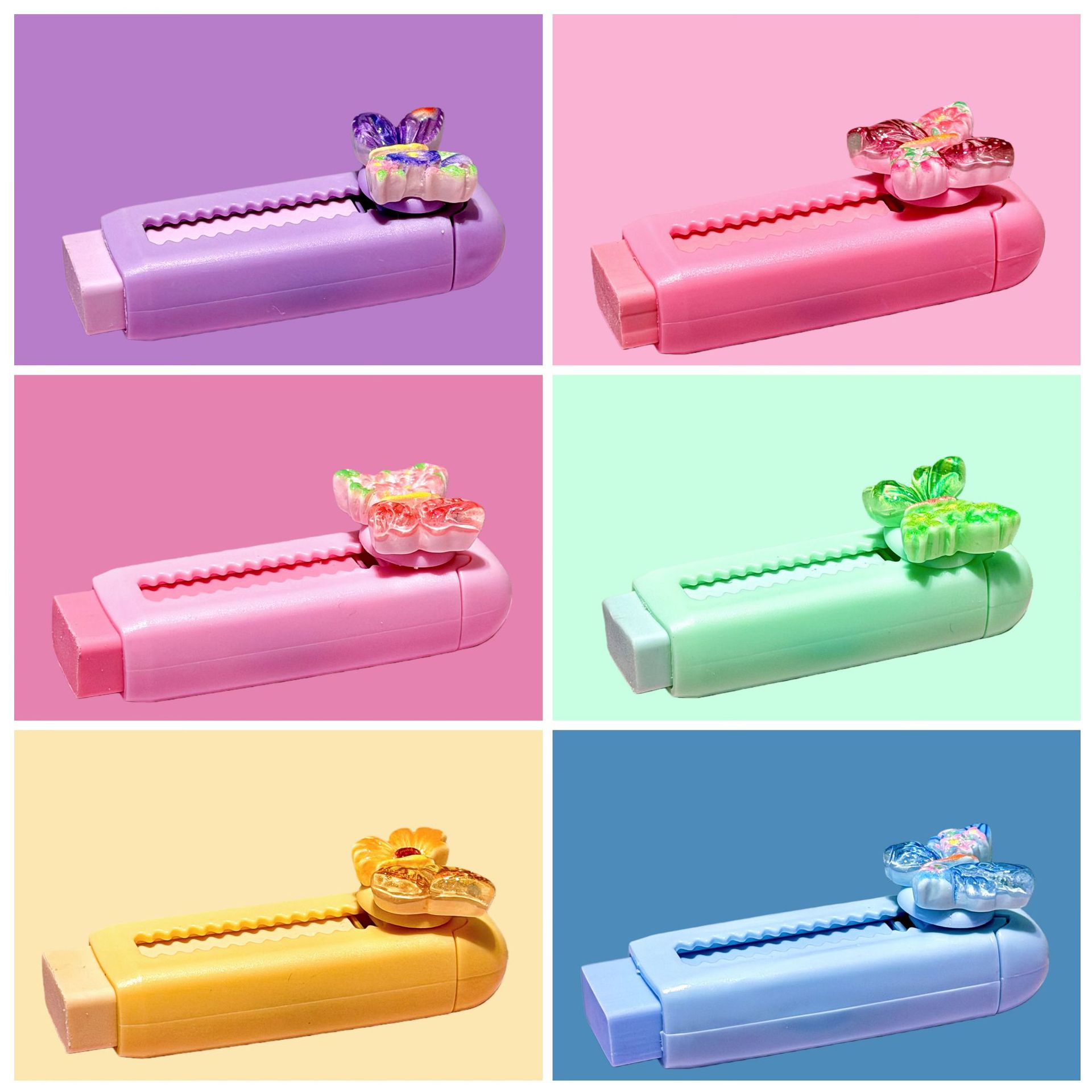 Papelería de dibujos animados de color mariposa empujando y tirando borradores de lápiz limpio borradores de lápiz limpio borradores de lápiz limpio