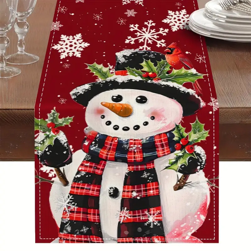 Camino de mesa navideño con estampado de muñeco de nieve y Santa