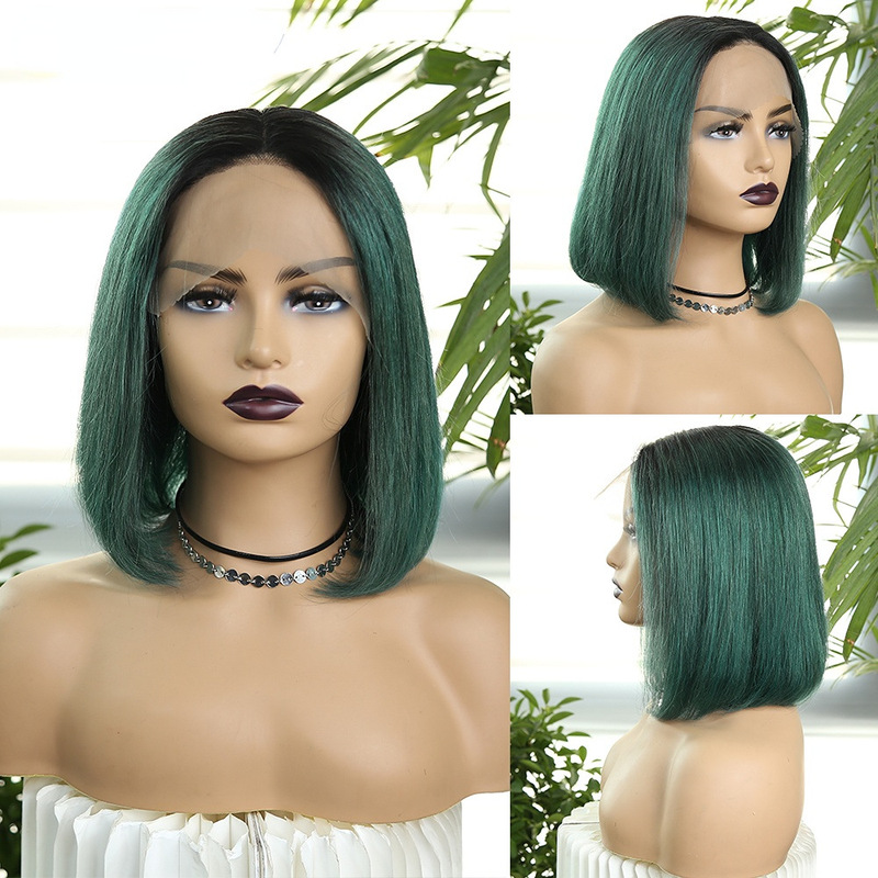 Green Color Short Bob Wigs Lace Part Human Hair Wigs