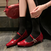 小猫跟玛丽珍一字带浅口红色单鞋女小皮鞋搭扣低跟中跟婚鞋新娘鞋