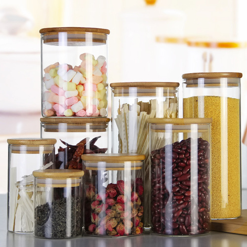Kitchen sealed storage glass jar, transparent round bamboo lid, grain tea packaging jar, food tangerine peel storage jar