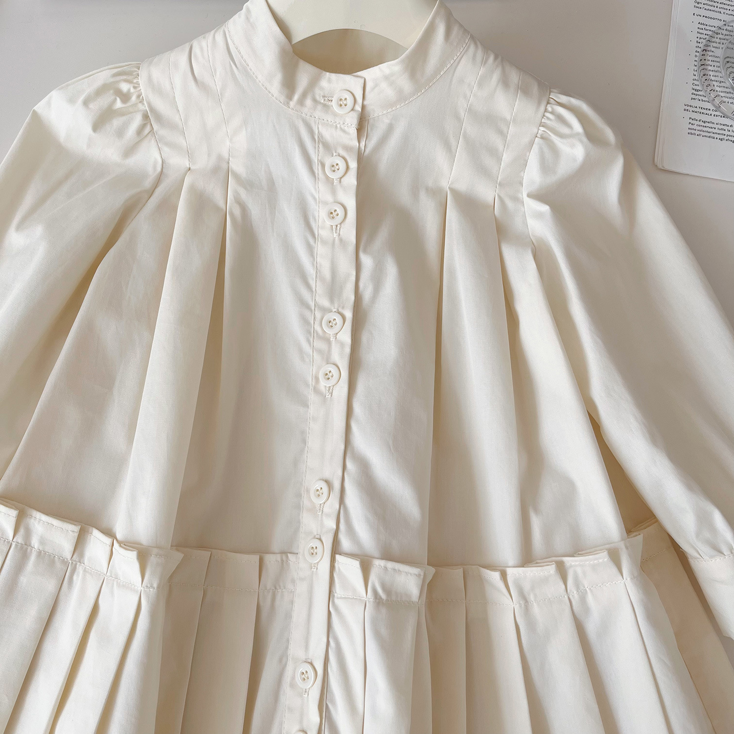 2024 Herbst neue koreanische Version langärmeliges einfarbiges Futterkleid Mädchenhemd plissierter Prinzessinnenrock 67306_voghion.com