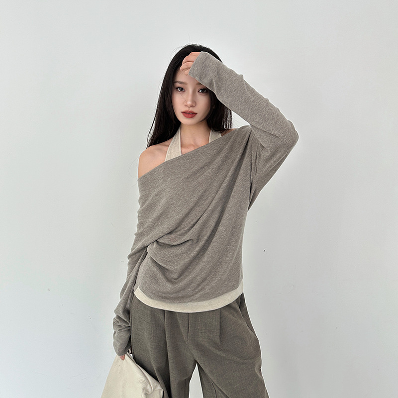 Elsissi Pure Desire Color-Blocked Fake Two-Piece Off-Shoulder Knit Top Women's Thirteen-Line Style Lazy Chic Blouse