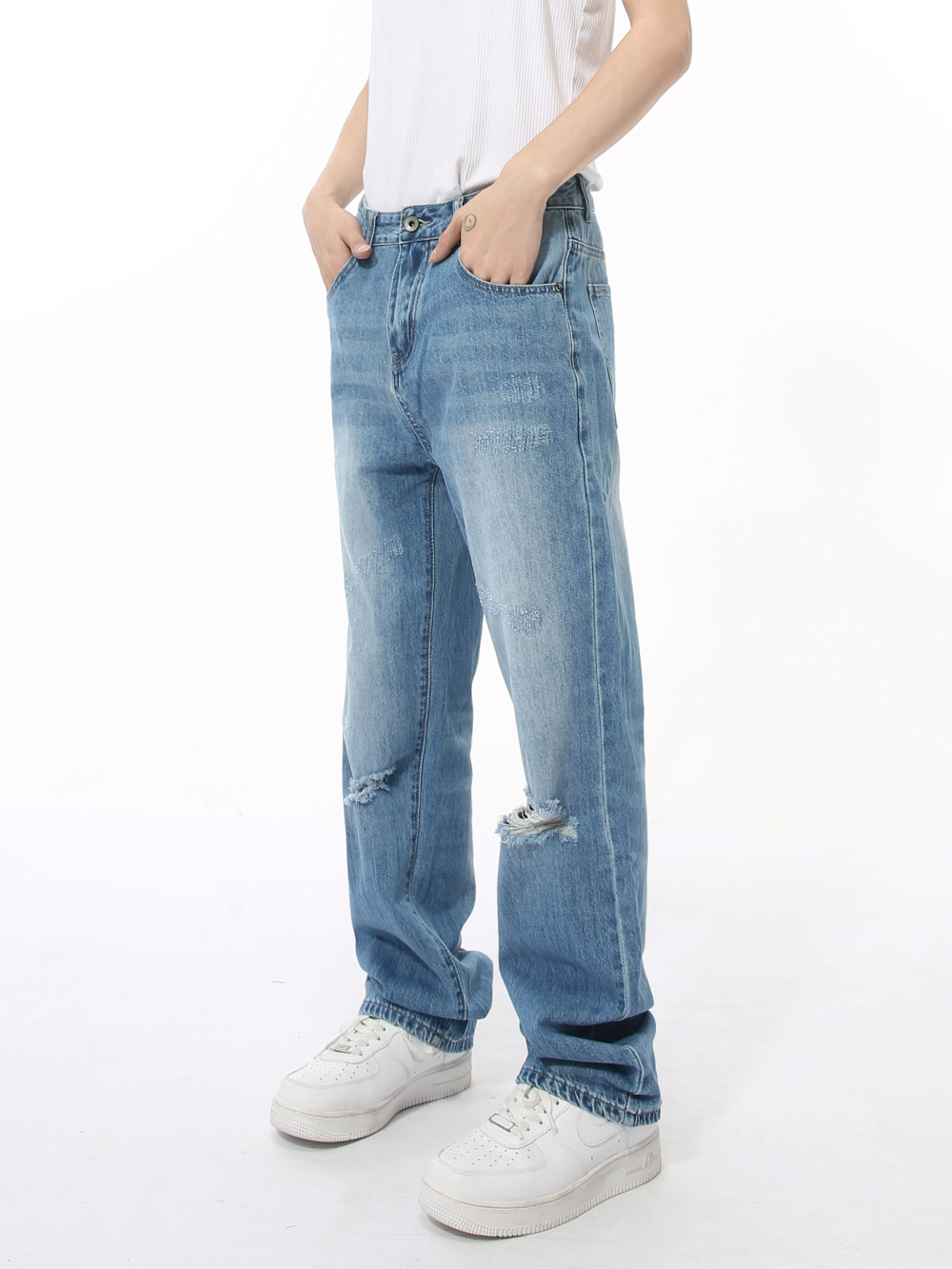 MTLCLOTHES Hombres| Otoño coreano ins básico simple agujero diseño retro jeans recto