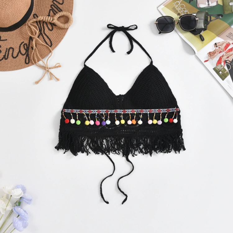 Bra top / knitted crop tank with cups and straps, backless, embroidered trim, one size