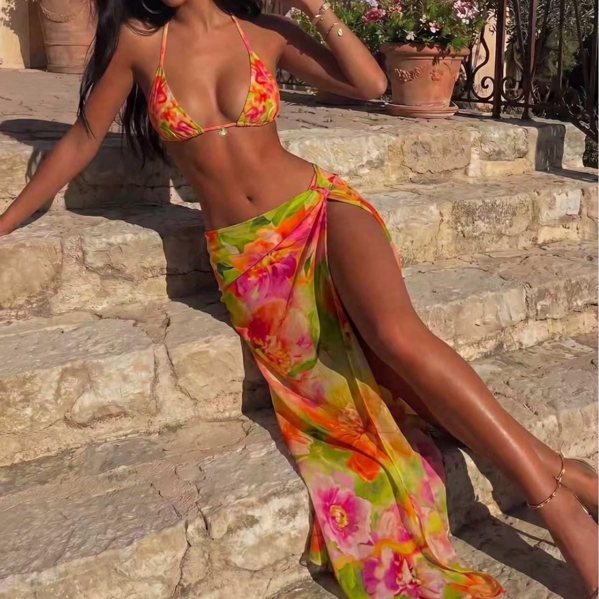 Foreign Trade Cross-Border European and American Slim-Fit Swimwear Floral Print Bikini New Beach Set Three-Piece Swimsuit Set
