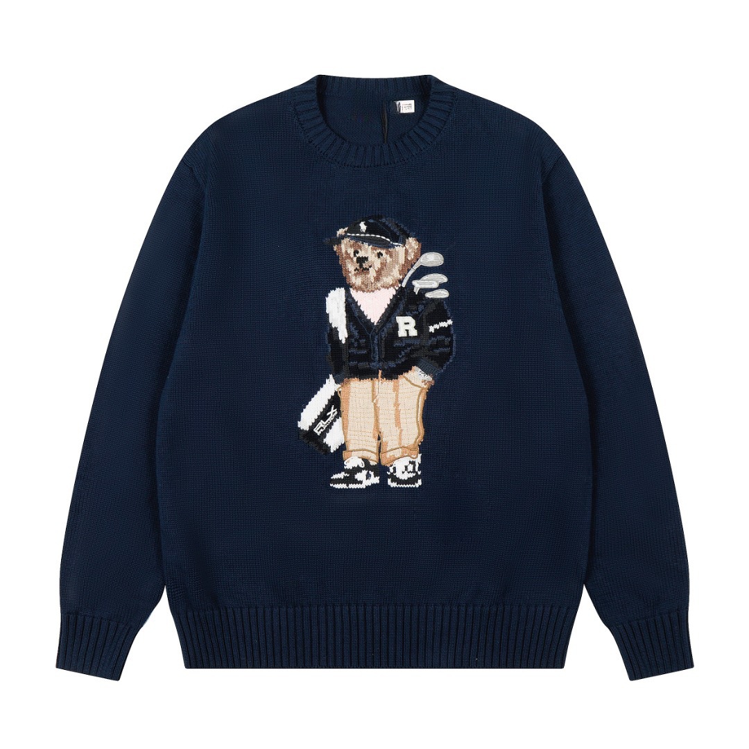 R L Classic Basic Heavy-Duty Bear Golf Autumn-Winter Couple's Matching Knit Crew Neck Sweater