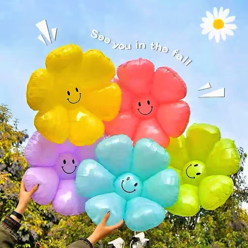 Macaron-Colored Daisy Aluminum Foil Balloons for Birthday Party Photoshoot, Matte Smiley Face Sunflower Kindergarten New Year's Decoration