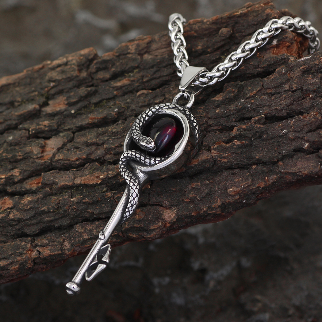 Gothic Snake Pendant Necklace In Stainless Steel With Gemstone_voghion.com